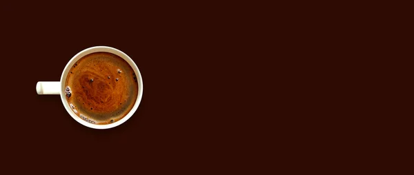 Weiße Tasse Kaffee Auf Braunem Hintergrund Banner Mit Kopierraum Ansicht — Stockfoto