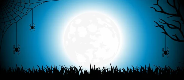 Хеллоуїн Чорно Синя Ілюстрація Яскравий Повний Місяць Павутина Павутинням Деревом — стокове фото