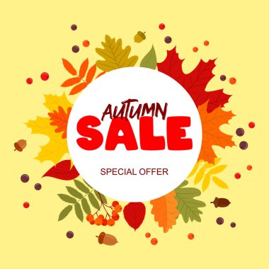 Soluk sarı arka planda çok renkli yapraklar, böğürtlenler ve meşe palamudu çerçeveli sonbahar indirimi afişi. Düz vektör illüstrasyonu 