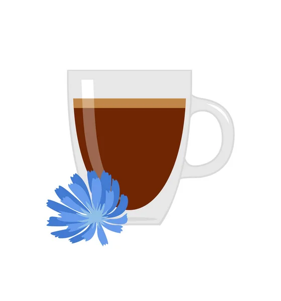 Γυάλινο Κύπελλο Ποτό Κιχωρίου Και Μπλε Λουλούδι Κιχωρίου Λευκό Φόντο — Διανυσματικό Αρχείο
