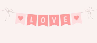 Bej arka planda aşk ve kalp sözcüğüyle kırmızı ve pembe çelenk, düz vektör çizimi