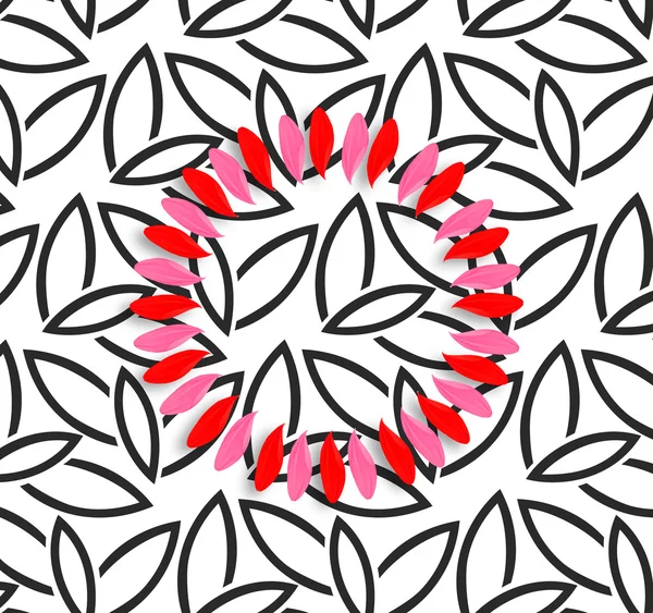Pink red petals on black white floral background. Flat lay