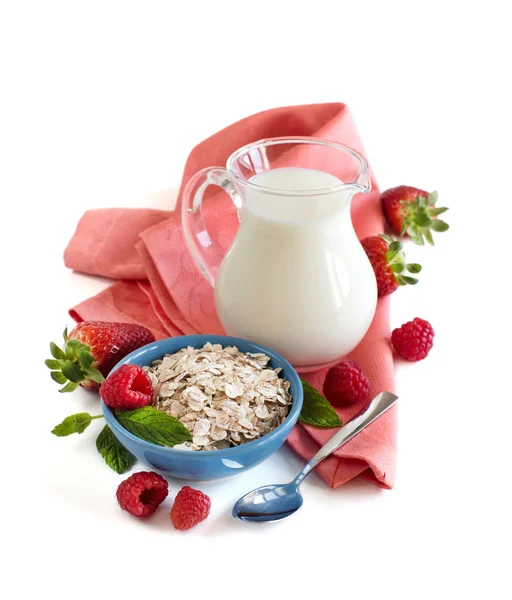 Вівсянка в мисці з ягодами та молоком — стокове фото