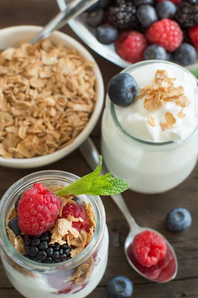 Frühstück mit frischem griechischen Joghurt, Müsli und Beeren — Stockfoto