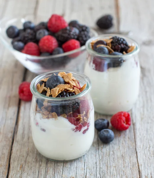 Snídaně s čerstvým řecký jogurt, müsli a ovocem — Stock fotografie