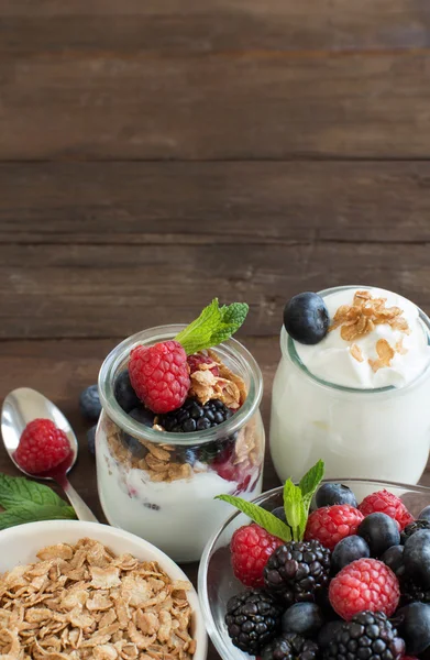 Berries, flakes and fresh greek yogurt — Stock Photo, Image