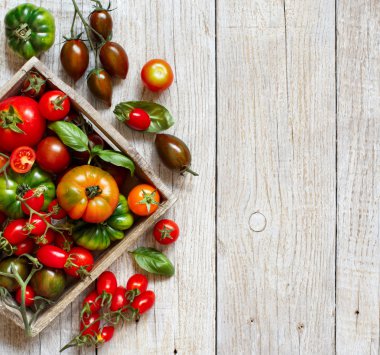 ahşap bir masa üzerinde renkli domates 