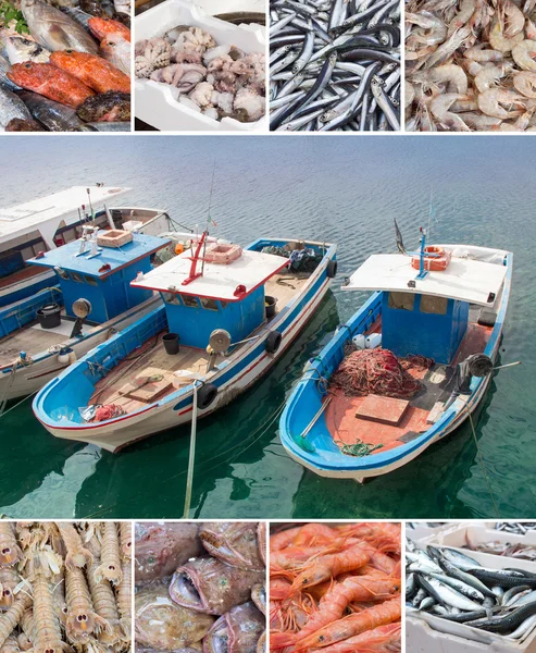 Barcos pesqueros y varios peces en el mercado —  Fotos de Stock