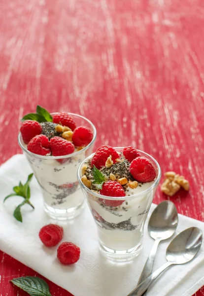 Jogurt s chia semena, vlašské ořechy a maliny — Stock fotografie