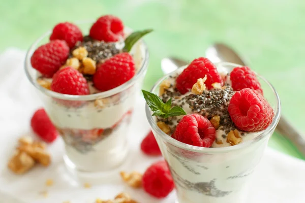 Yoghurt met chia zaden, walnoten en frambozen — Stockfoto