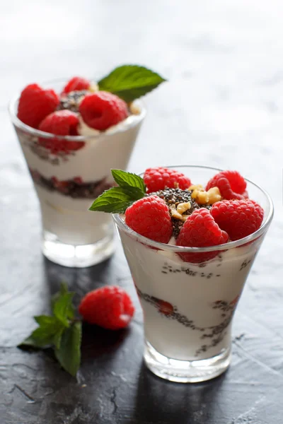 Jogurt s chia semena, vlašské ořechy a maliny — Stock fotografie
