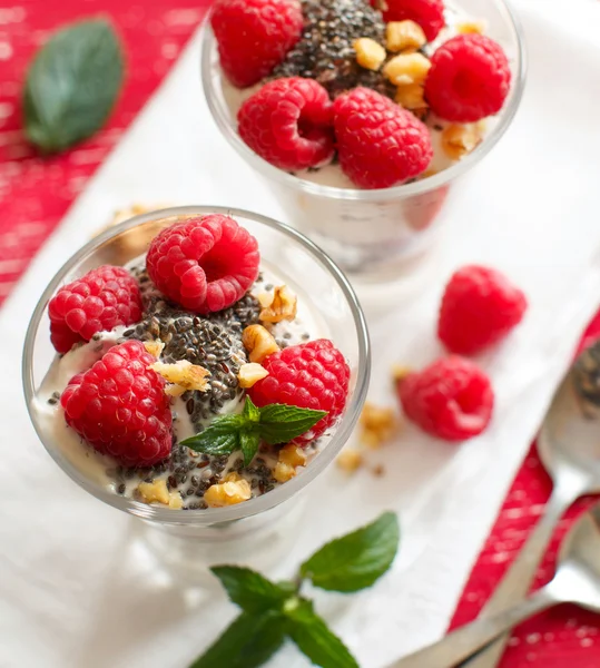 Yoghurt met chia zaden, walnoten en frambozen — Stockfoto