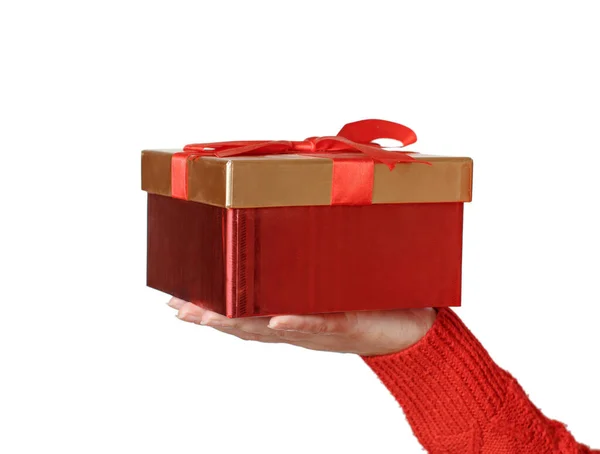 Hand Red Sweater Gift Box Isolated White Royalty Free Stock Images