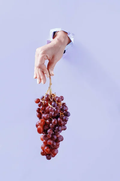 Maintien Main Grape Cluster Trou Dans Pape Violet Clair — Photo