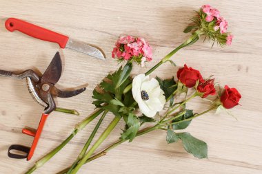 Çiçekçi dükkanında çiçek kesmek, operasyon manzarası.