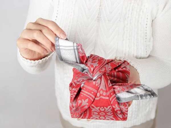 Young Woman Holding Present Furoshiki Eco Friendly Gift Wrapped Cloth — Stock Photo, Image