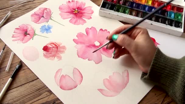 Pintura Flor Rosa Con Acuarelas Cerca — Vídeos de Stock