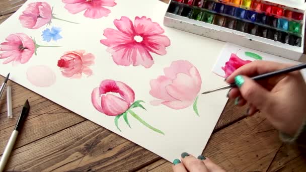 Painting Pink Flower Watercolors Close — Stock Video