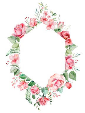 Suluboya pembe çiçekler ve geometrik çerçeve çizimi