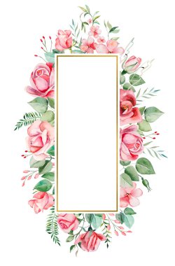 Suluboya pembe çiçekler ve geometrik altın çerçeve çizimleri