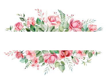 Suluboya pembe çiçekler ve geometrik çerçeve çizimi