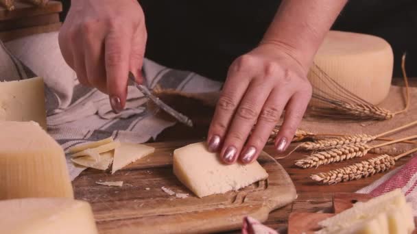 Les Femmes Coupent Fromage Frais Fait Maison Sur Une Planche — Video