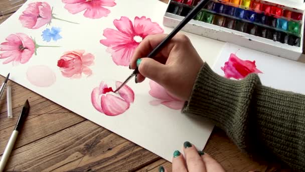 Pintura Flor Rosa Con Acuarelas Cerca — Vídeo de stock