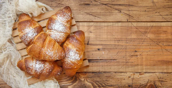 French Fresh Crusty Croissants Wooden Table Top View — Stock Photo, Image