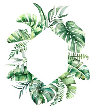 Suluboya tropikal yapraklar geometrik çerçeve çizimi