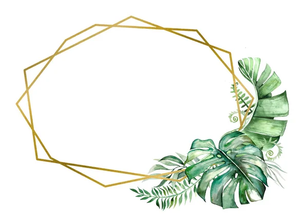 Akvarel Tropické Listy Geometrický Zlatý Rám Ilustrace — Stock fotografie