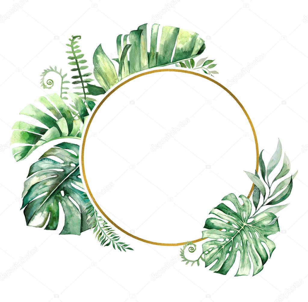 Watercolor tropical leaves geometric golden frame illustration