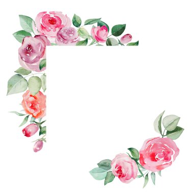 Suluboya ppink ve kırmızı güller çiçekler ve geometrik çerçeve çizimi