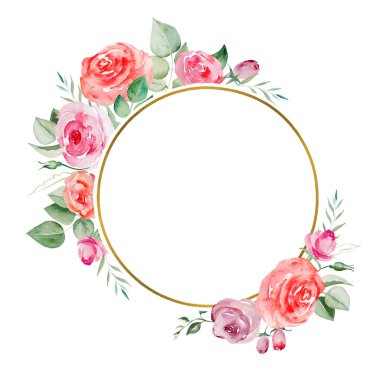 Suluboya ppink ve kırmızı güller çiçekler ve geometrik çerçeve çizimi