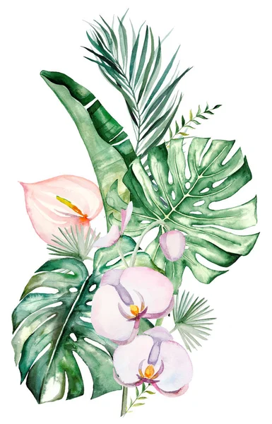 Akvarell Tropiska Blommor Och Blad Bukett Illustration — Stockfoto
