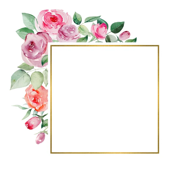 Acquerello Ppink Rose Rosse Fiori Foglie Cornice Geometrica Illustrazione — Foto Stock