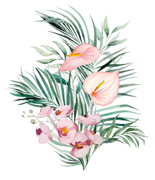Иллюстрация Акварельных Тропических Цветов Листьев — стоковое фото