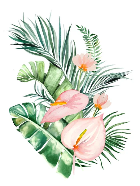 Acquerello Fiori Tropicali Foglie Bouquet Illustrazione — Foto Stock