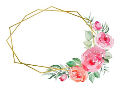 Suluboya pembe ve kırmızı güller Geometrik çerçeve çizimi