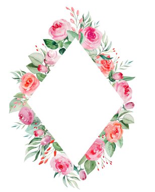 Suluboya pembe ve kırmızı güller Geometrik çerçeve çizimi