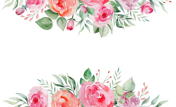 Watercolor Pink Red Roses Flowers Leaves Border Illustration — Stock Photo, Image