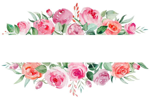 Aquarell Rosa Und Rote Rosen Blumen Und Blätter Geometrische Rahmenillustration — Stockfoto