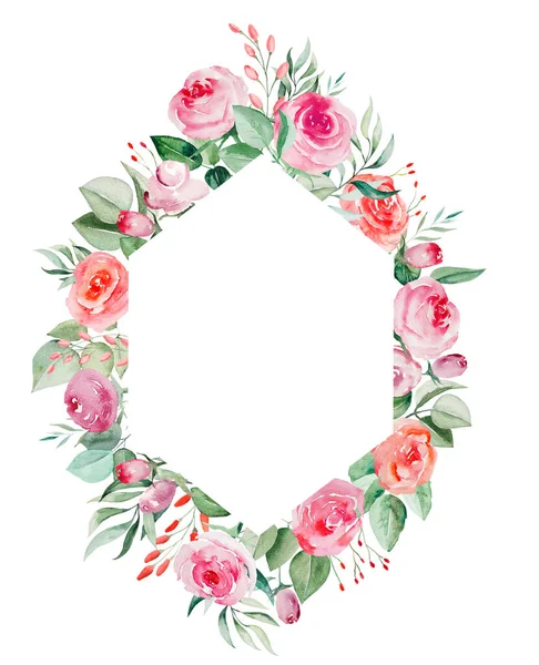 Akwarela Ppink Czerwone Róże Kwiaty Liście Geometryczne Ramki Ilustracja — Zdjęcie stockowe