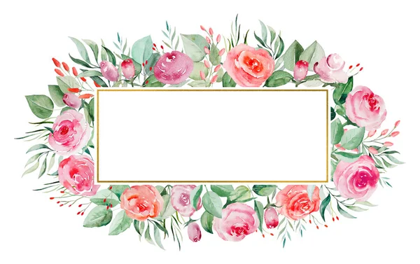 Aquarell Rosa Und Rote Rosen Blumen Und Blätter Geometrische Rahmenillustration — Stockfoto