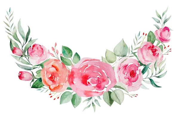 Watercolor Ppink Red Roses Flowers Leaves Frame Illustration — Stock Photo, Image
