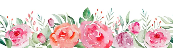 Aquarelle Ppink Roses Rouges Fleurs Feuilles Bordure Transparente Illustration — Photo