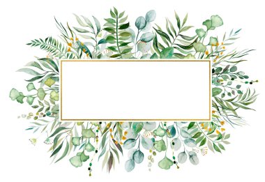 Suluboya bitkisel yeşil yapraklar çerçeve çizimi izole 