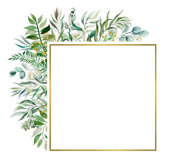 Akvarell Botaniska Gröna Blad Ram Illustration Isolerad — Stockfoto
