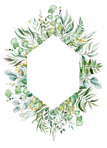 Acquerello Botanico Verde Foglie Cornice Illustrazione Isolato — Foto Stock