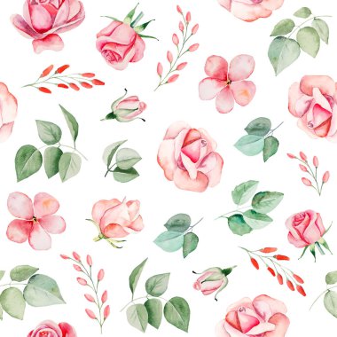 Suluboya pembe çiçekler ve pürüzsüz desenler izole edilmiş.