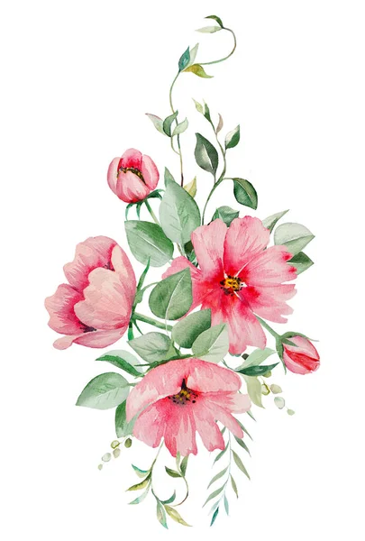 水彩缤纷的粉红色花朵和绿叶花束图解隔绝 — 图库照片
